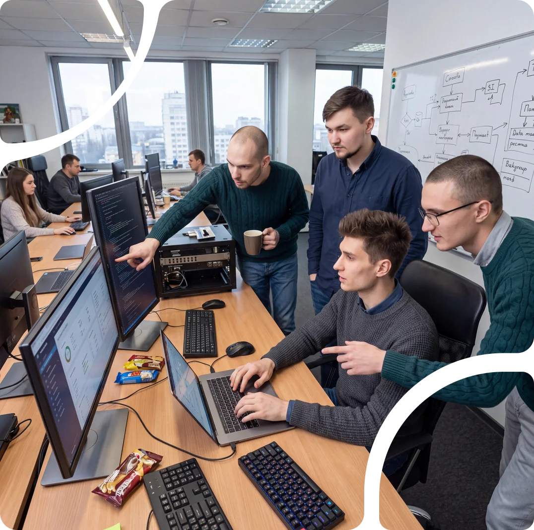 Vulpes Tech team working together on a project in the office