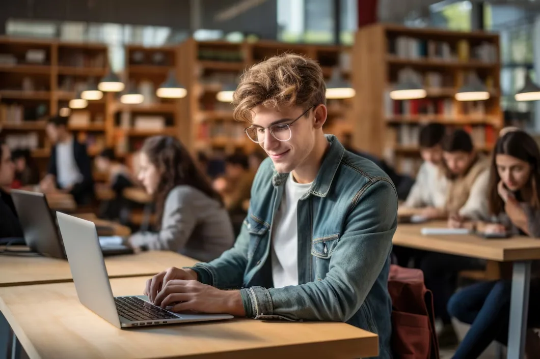 Young professional working on a laptop in a library